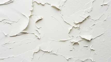 A close-up texture of peeling white paint, revealing layers of distress and the passage of time on a flat surface.