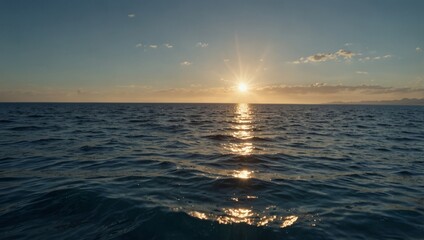 Fototapeta premium Blue ocean panorama with sun reflection, The vast open sea with clear sky, Ripple wave and calm sea with beautiful sunlight.