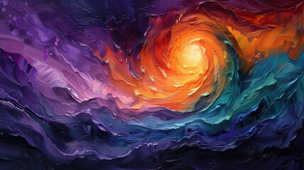 Fototapeta premium A large-scale abstract painting dominated by swirling patterns of purple, orange, and teal. The expressive brushwork and layered textures create a sense of movement and fluidity, while the rich color