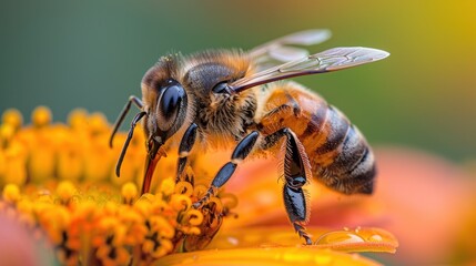 Fototapeta premium An extreme close-up of a honeybee perched delicately on a vibrant flower petal, showcasing the intricate details of its wings, antennae, and fuzzy body. The delicate interplay of light and shadow
