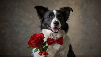 Cute Valentine's Day happy smiling border collie dog with a red bow tie holding a bouquet of red rose flowers on blurred modern home background, copy space.