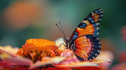 Obraz premium An up-close image of a butterfly feeding on nectar from a flower, capturing the intricate patterns and vibrant colors of its wings. The butterfly's delicate proboscis is extended into the flower, and