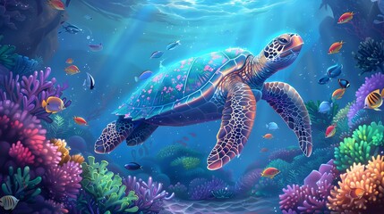 Obraz premium Sea Turtle Gracefully Navigates Through Vibrant Coral Reef