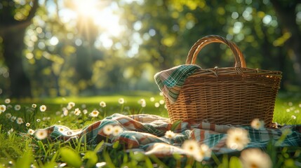Picnic basket and blanket on park grass. 