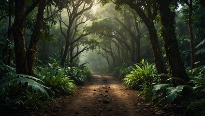 Obraz premium Deep tropical jungles of Southeast Asia, green trees tunnel extra wide background banner.