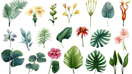 Collection of tropical leaves and vibrant flowers in various shapes and colors, colorful botanical elements