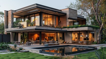 Fototapeta premium An elegant modern house with a minimalist facade, characterized by large floor-to-ceiling windows and open spaces. The design emphasizes simplicity and functionality, with a seamless transition
