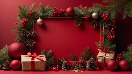 Christmas frame with gift box, paper decorations, spruce branches and berries on red background Holiday border in earth colours.