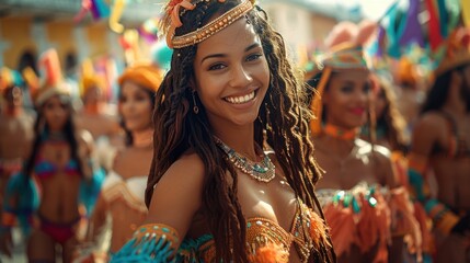 Obraz premium Energetic dancers in elaborate costumes, moving to the rhythm of lively music, their movements captured mid-twirl against a backdrop of festive banners and flags. Vibrant Festival and Parade Scenes