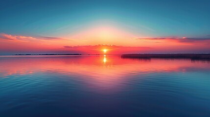 Obraz premium Soft-focus image of a peach fuzz sunset over a tranquil lake, reflecting golden hues on the water's surface, offering a peaceful backdrop for relaxation apps or nature-themed designs. Abstract