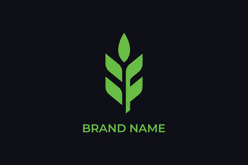 green leaf icon, letter F green leaf growth logo, Letter F green leaf eco friendly logo, Minimalist elegant wheat / grain icon vector logo, Grain wheat logo design. Beer emblem, Agriculture wheat Logo