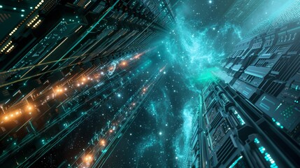 Futuristic Cityscape Ascending into the Cosmos