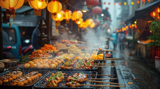 Rows of colorful food stalls offering a variety of ethnic delicacies, with steam rising from sizzling grills and customers sampling diverse dishes under the glow of decorative lanterns. Vibrant