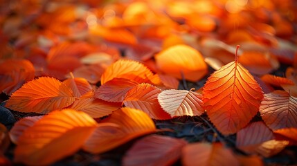 Burnt orange autumn leaves scattered on a forest floor, bathed in sunlight, evoking a sense of warmth and nostalgia, suitable for seasonal promotions or fall-themed graphics. Abstract Backgrounds