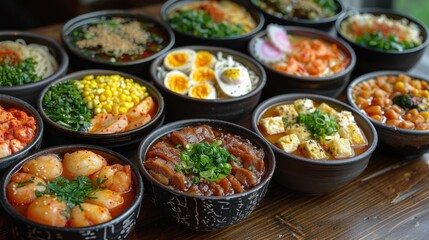 Obraz premium A montage of different street food dishes from around the world, including steaming bowls of ramen, crispy empanadas, and spicy curry bowls. Each dish is artfully arranged to showcase its unique