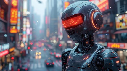 Fototapeta premium A sleek, chrome-plated robot with glowing neon accents stands in a bustling futuristic cityscape. Holographic billboards and flying cars fill the sky, depicting a vivid retro-futuristic vision of