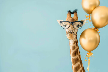 Fototapeta premium giraffe with glasses and balloons Celebrating birthday