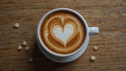Cup of latte cappuccino coffee with heart shape art on foam, top view Cafe and still life background with copy space.