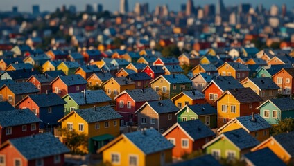 Naklejka premium City background with rows of wooden colorful houses, colorful city banner with top copy space.