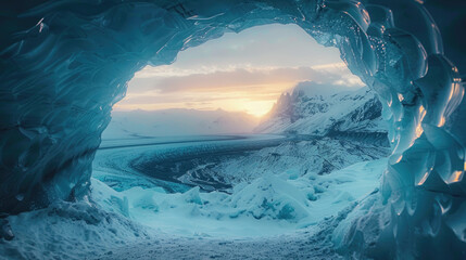 An inside view of the clear blue ice cave.