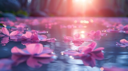 Soft-focus image of lilac petals floating on water, illuminated by sunlight, creating a serene backdrop for mindfulness content or spa promotions. Abstract Backgrounds Illustration, Minimalism,