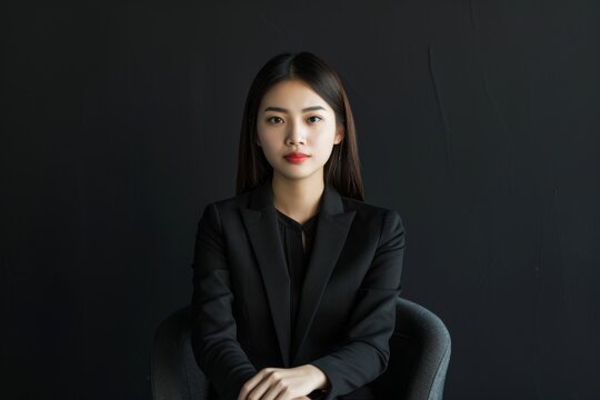 young Asian businesswoman sitting on chair against black background with copy space
