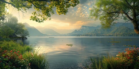 Obraz premium Serene Mountain Lake at Sunset