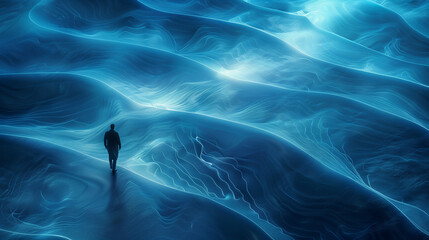 Fototapeta premium Minimalist and Surreal Aerial Illustration of a Man Walking Along a Salt Lake with Fluorescent Spoondrift, Featuring Smooth Curves, Fluorescent Ripples, and High-Quality Detail