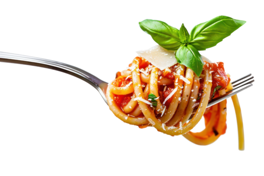 Spaghetti swirled to perfection with rich tomato sauce, Parmesan cheese, and fresh basil. Isolated on a white background