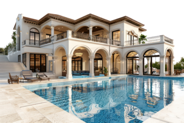 Spacious open-air Mediterranean-style villa with a swimming pool with ocean views. Isolated on a white background