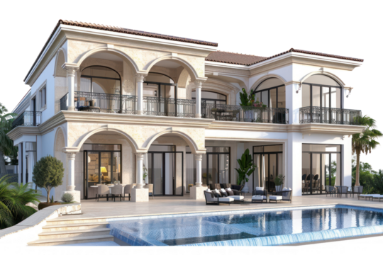 Spacious open-air Mediterranean-style villa with a swimming pool with ocean views. Isolated on a white background