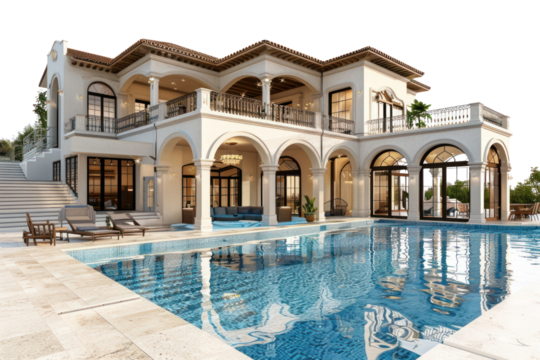 Spacious open-air Mediterranean-style villa with a swimming pool with ocean views. Isolated on a white background