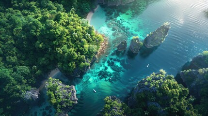 Aerial view of a tropical island with lush greenery and turquoise waters, surrounded by rocks and coral reefs, creating a serene coastal paradise.