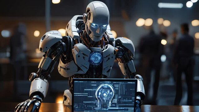 An AI developer beside their creation, capturing the contrast between the human creator and robot
