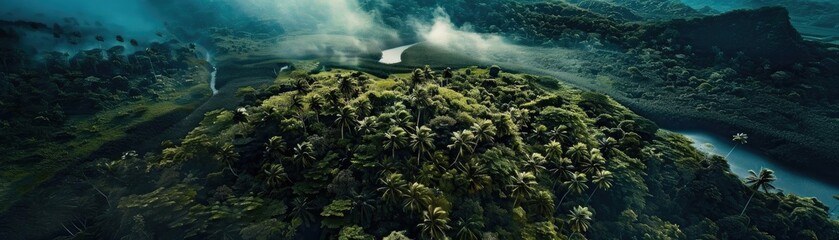 Aerial view of a lush green forest on a hill overlooking a serene lake and mountains shrouded in mist under a vibrant sky.