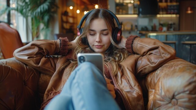 A woman on modern sofa enjoying music and smartphone in leisure time, Relaxing at home
