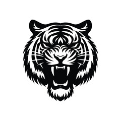 Aggressive Tiger Head Clipart – Stunning Black and White Wildlife Illustration