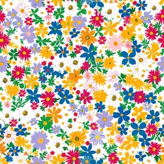 A seamless floral pattern background with a variety of colorful flowers spread evenly, suitable for wallpaper or fabric design with ample copy space--style raw