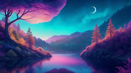 Magical forest landscape at night with crescent moon and colorful trees reflected in a serene lake, creating a surreal and tranquil scene