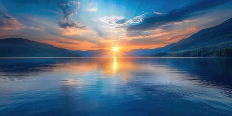 Fototapeta premium Sunrise Over Still Lake with Mountains
