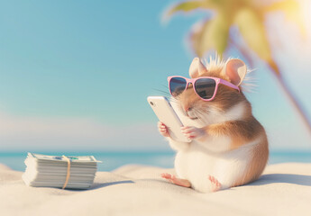 Hamster wearing sunglasses holding smartphone on the beach. Vacation, relaxation, scam concept. Design for social media and advertisement. Closeup view with copy space.