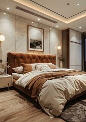 Fototapeta premium A bedroom with a large bed, a marble wall, and a painting