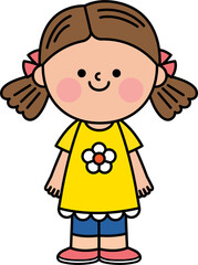 Illustration of a cute girl with blonde hair tied up on both sides, wearing a yellow dress, standing and smiling.