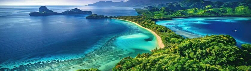 A stunning panoramic view of a tropical island with lush greenery, turquoise waters, and pristine beaches, perfect for travel and nature enthusiasts.