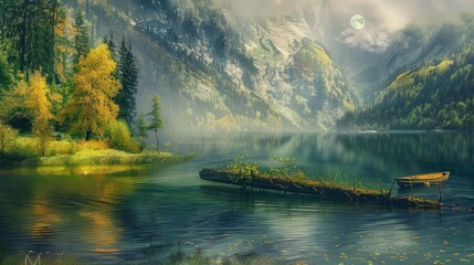 Fototapeta premium Serene mountain lake surrounded by lush forest and misty peaks, reflecting the tranquil scenery above, with a boat sitting on calm waters.