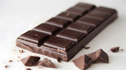 Close-up of a delicious dark chocolate bar with broken pieces on a white background.
