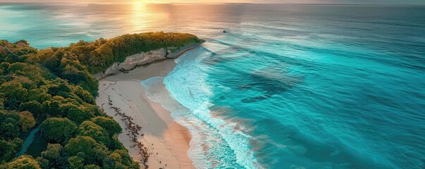 Breathtaking view of a serene beach with turquoise waters, golden sands, and lush greenery at sunrise.