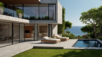Fototapeta premium Elegant villa with expansive windows, serene pool, and lush greenery.