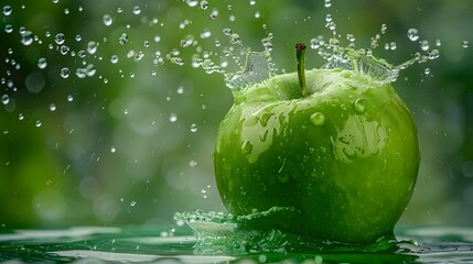 Water splashing on Fresh green apple on Green background. 