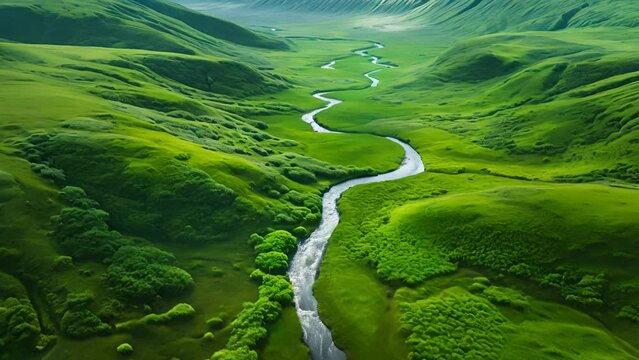 Drone view of a lush green valley with a meandering stream.
